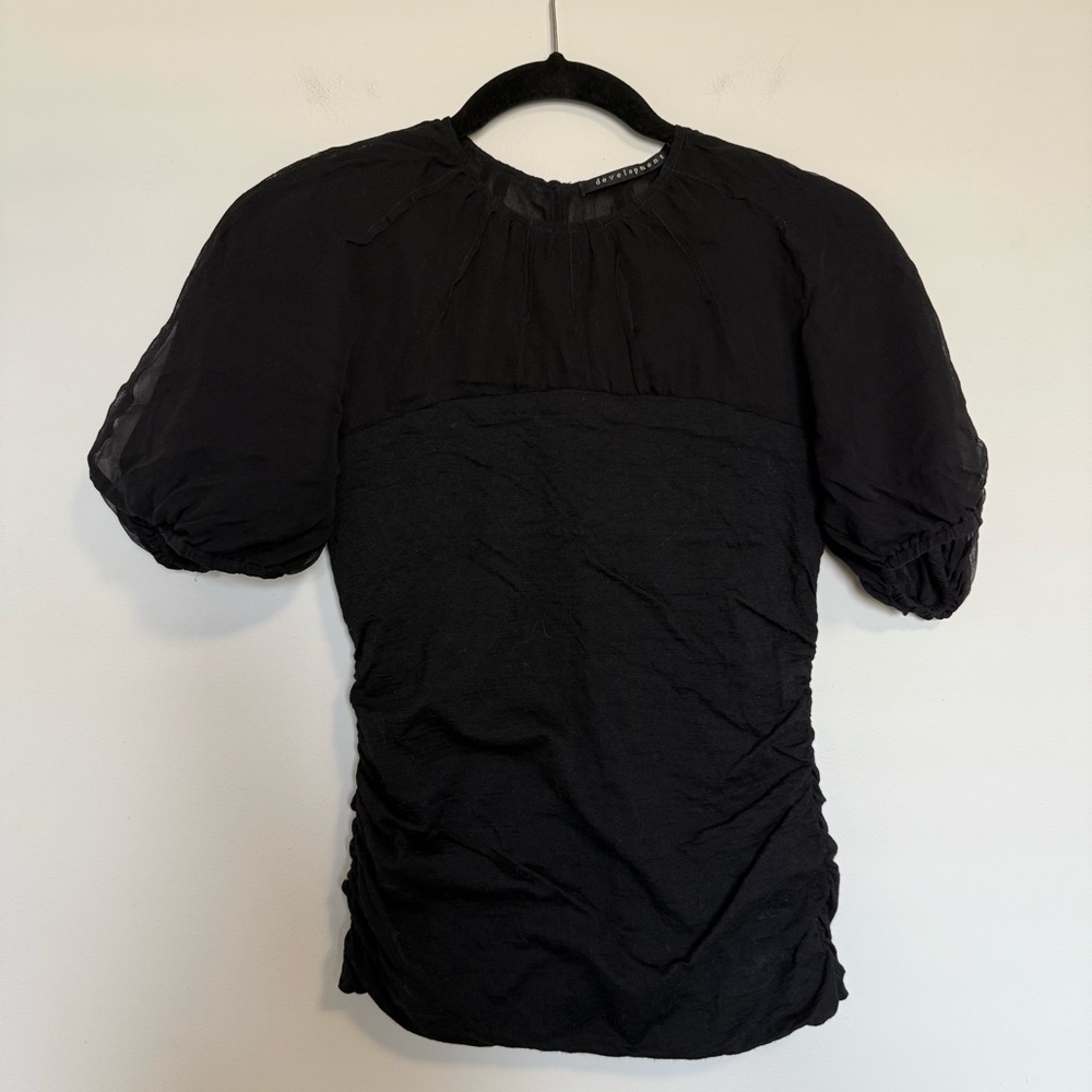 Development by Erica Davies Ruched Puff Sleeve Wool Short Sleeve Black Top S